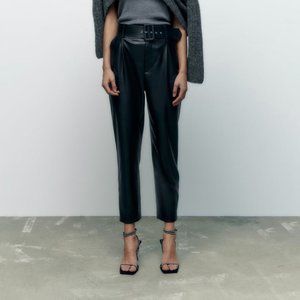 ZARA Women's Belted Faux Leather Pants(Black, US XS, S/EUR XS, S)